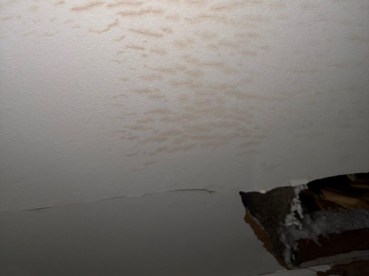Water stains spreading across a ceiling, with a section already broken through