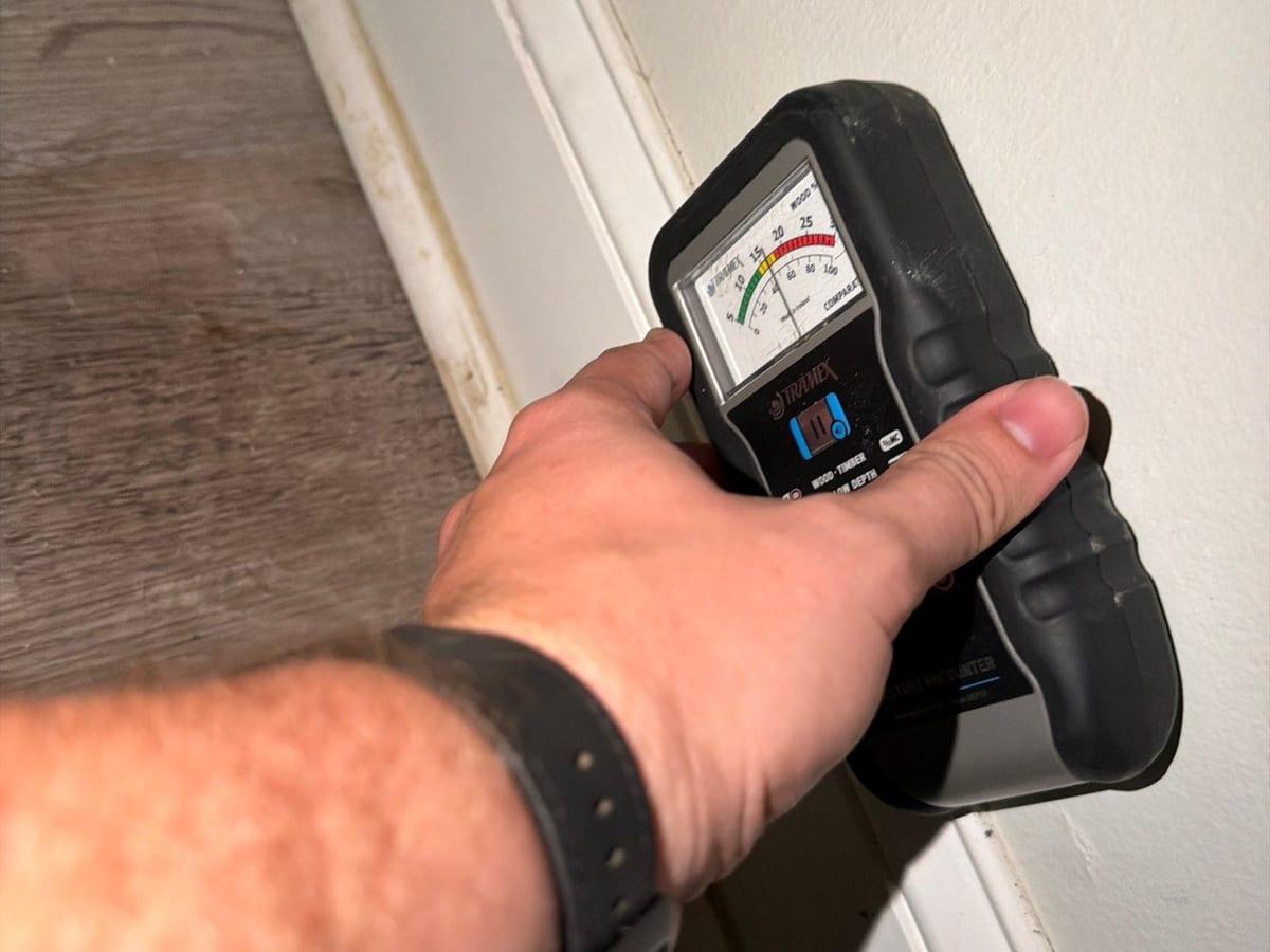 A moisture meter checking a wall above the baseboard